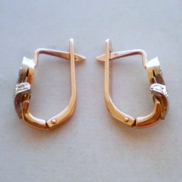 Vintage Original Soviet USSR Solid 14K 583 Rose Pink White Gold Diamond Earrings - Picture 4 of 7